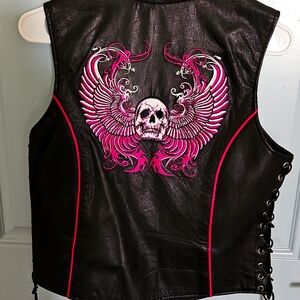 XElement Black Leather Vest with Pink Embroidered Accents